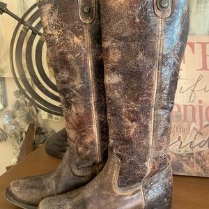 FRYE Marbled Brown Leather Weathered Boots 51/2B